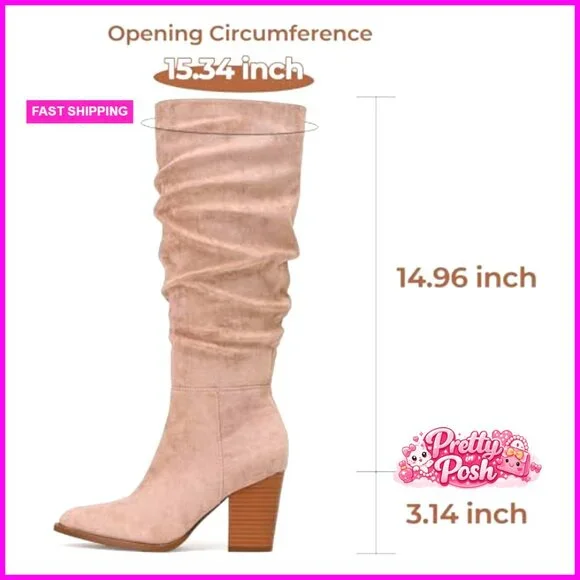 Pointed Toe Knee High Boots Faux Suede Slouch Boots with Chunky Heel - Picture 5 of 7